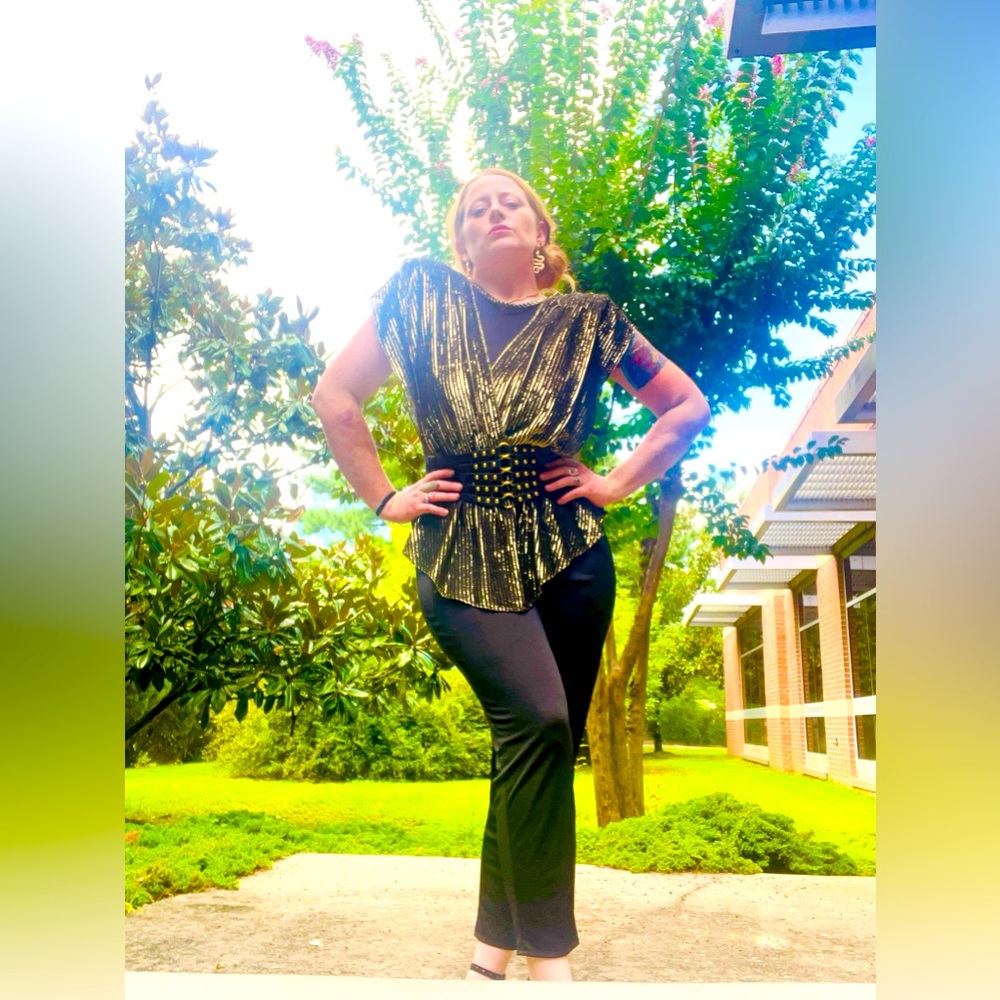 🪩Vintage Gold Chiffon Belted Jumpsuit🪩